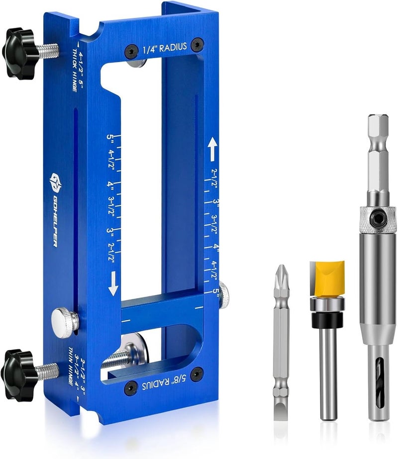 Gohelper Door Hinge Jig, Aluminum Alloy Door Hinge Template Kit for Router, Adjustable Mortise Jig Fits Door Hinges from 2.5" to 5" Length, 1/4" Radius, 5/8" Radius and Square Corner Types, Not on Door Jambs - Image 1